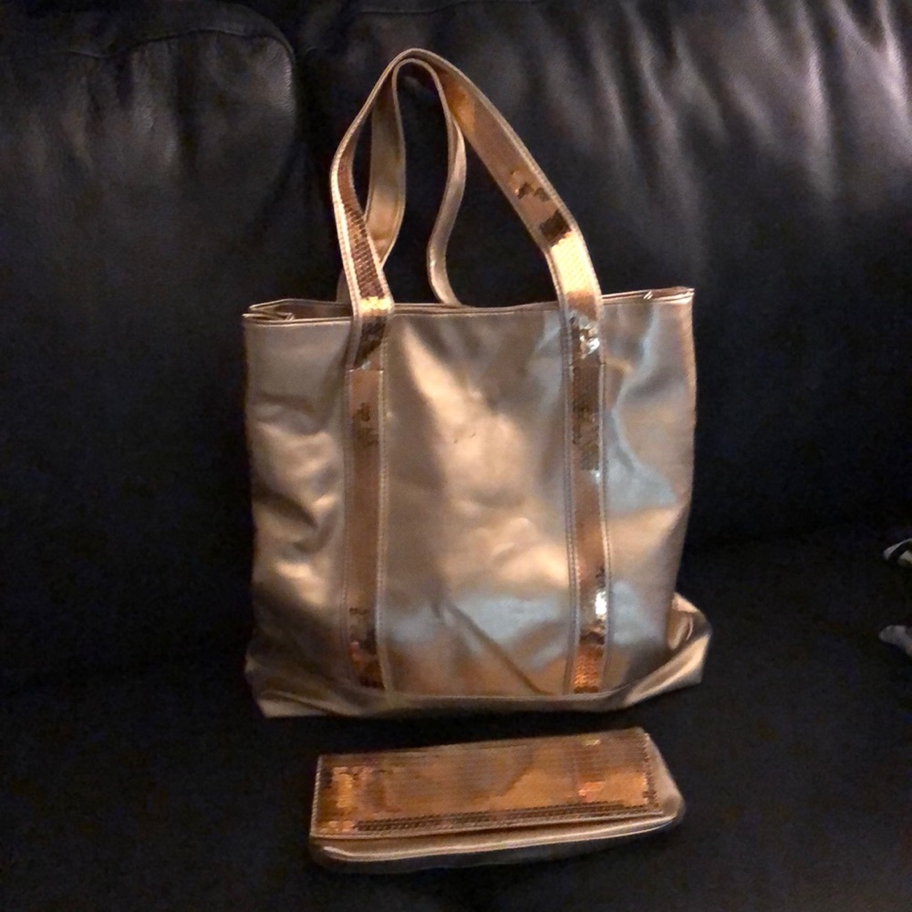 Gold colored tote with clutch